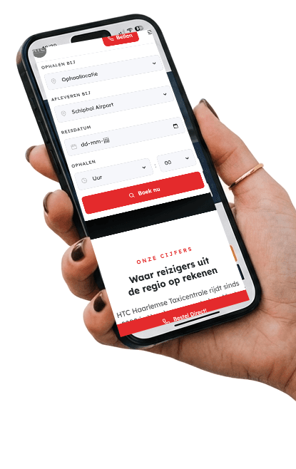 Een telefoon met deze site erop, met het boekingsvak