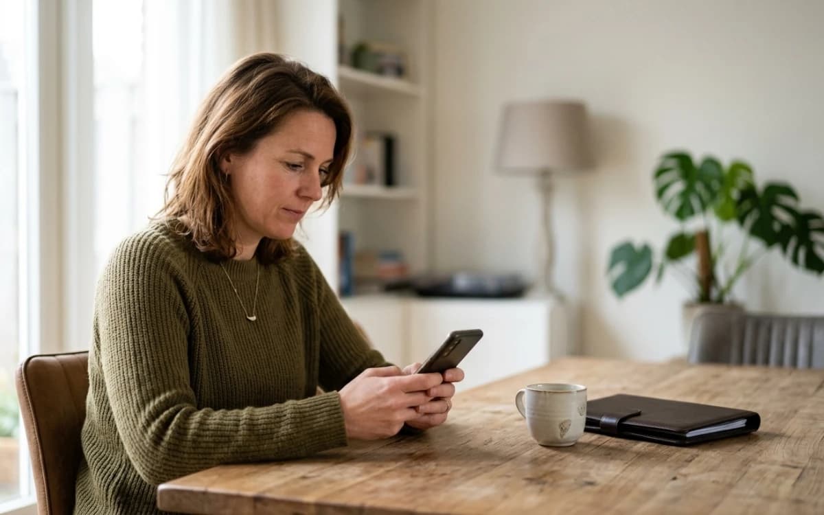 Een vrouw vult aan de eettafel op haar telefoon een rit in