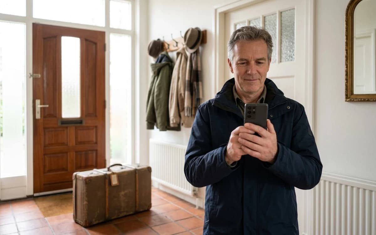 Een man met jas en koffer in de gang kijkt op zijn telefoon