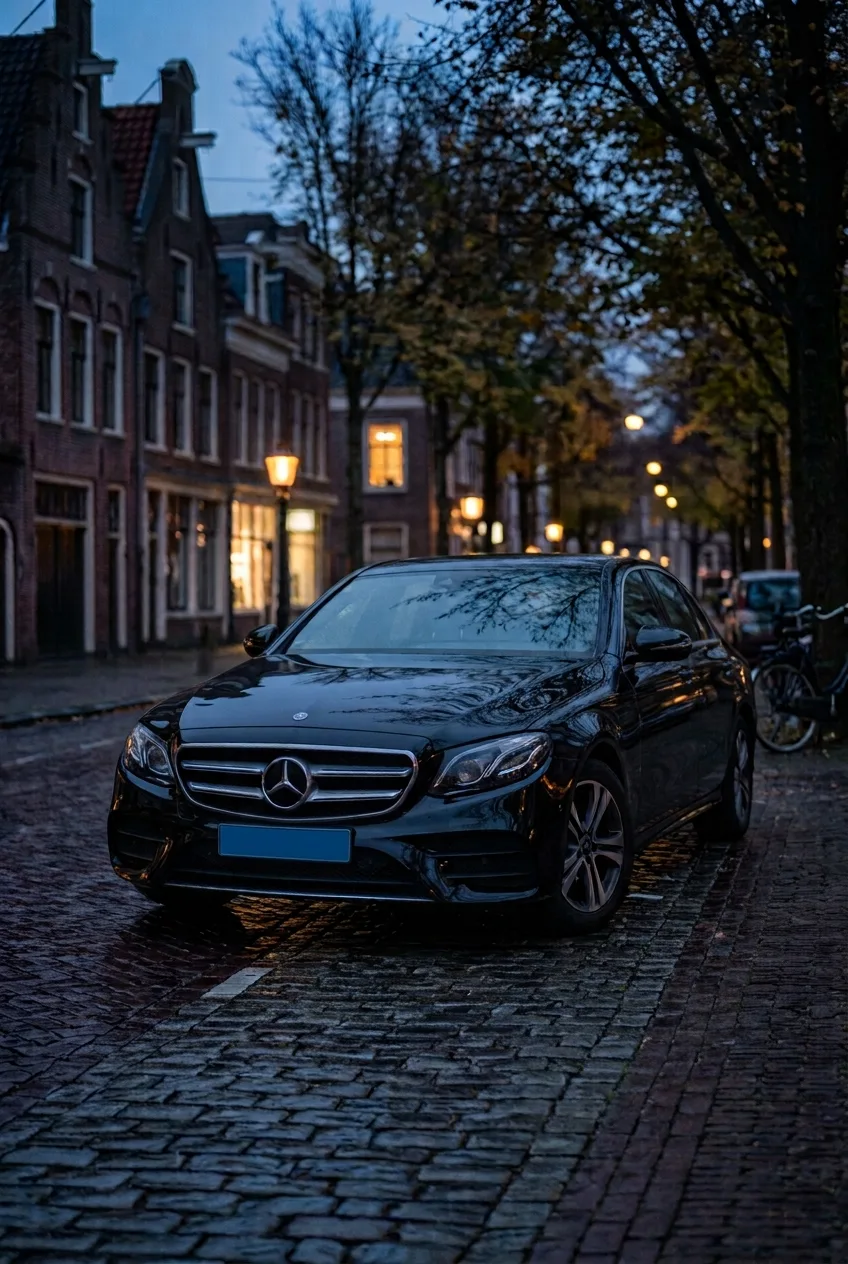 Een taxi voor een boerderij aan het water in de polder
